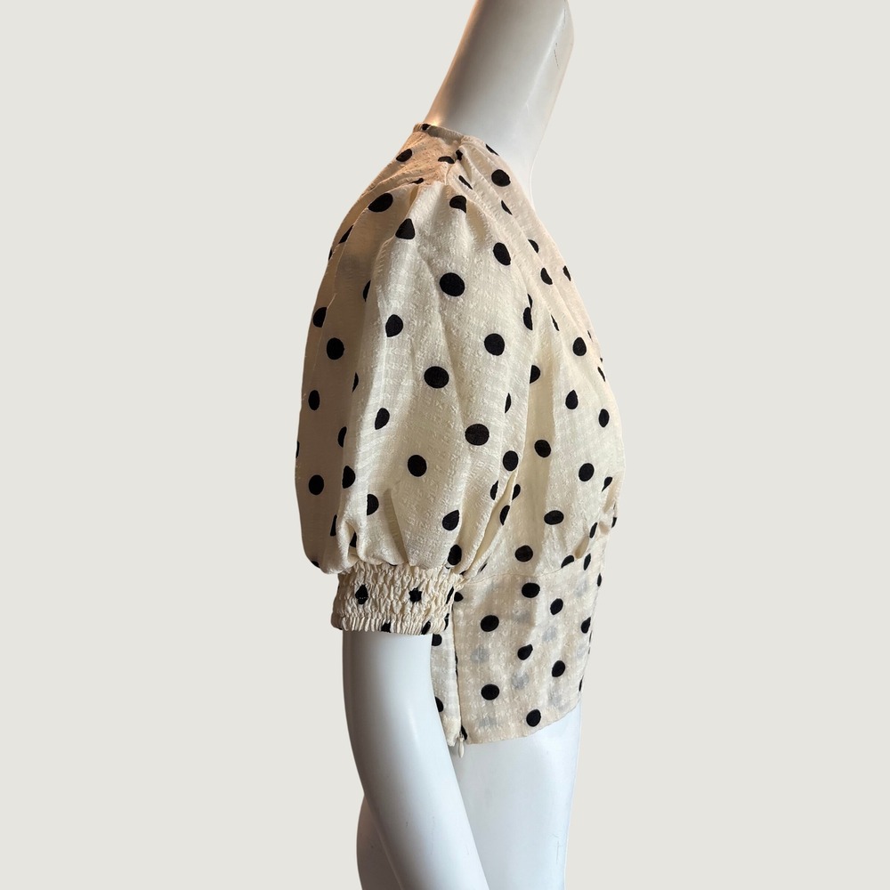 Retro Stage Cream Black Polka Dot Wrap Top Short Puff Sleeve Blouse Large NWT - Picture 3 of 8